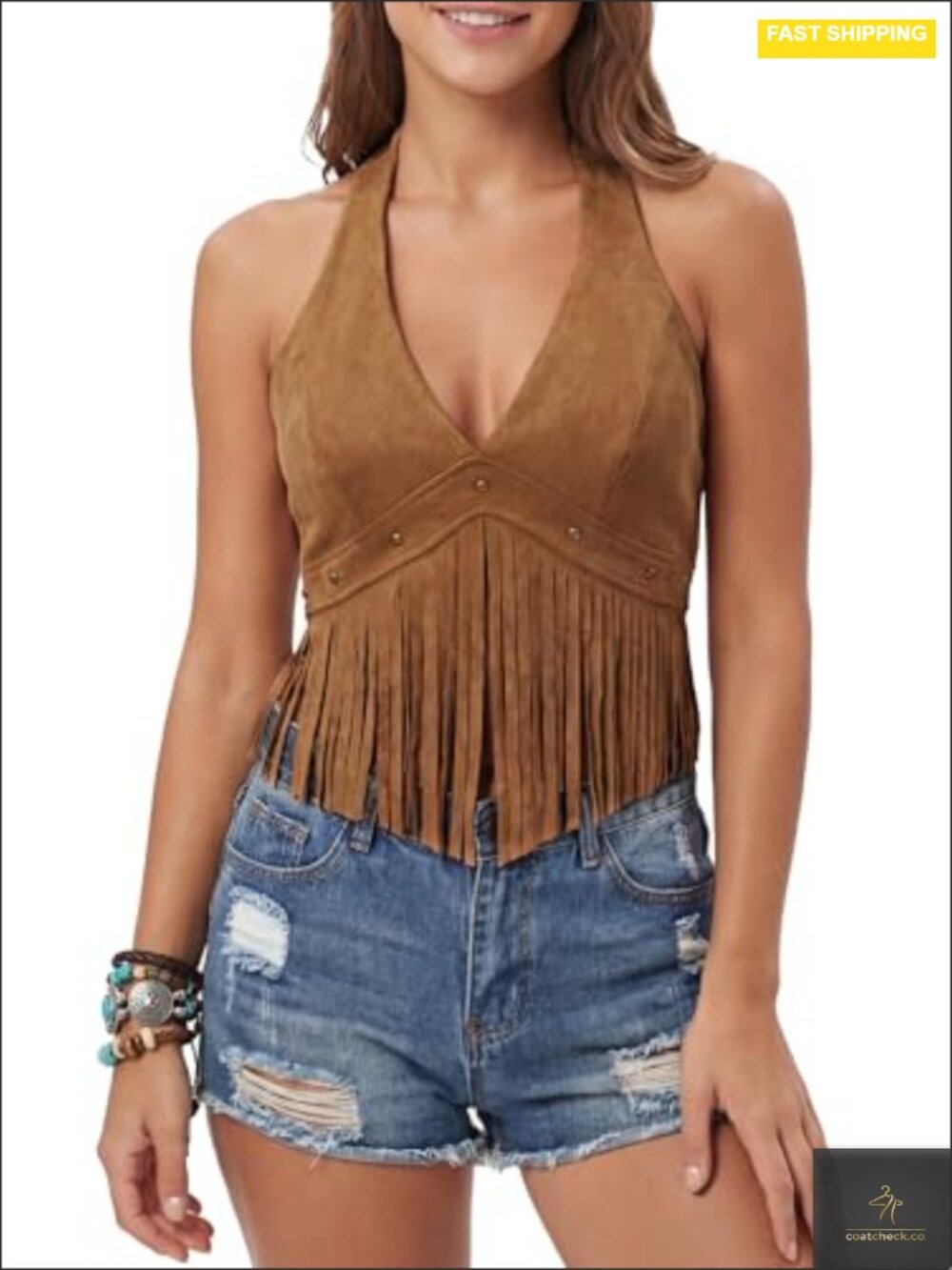 Faux Suede Fringe Halter Crop Top Y2K Cowgirl Vest